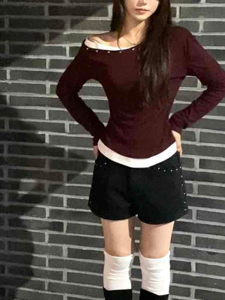 Pure Studded Off-Shoulder Long-Sleeve T-Shirt