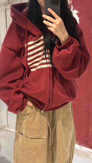 Street Style American Flag Basic Zip-Up Hoodie