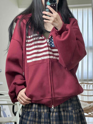 Street Style American Flag Basic Zip-Up Hoodie