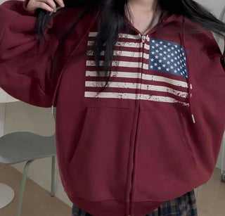 Street Style American Flag Basic Zip-Up Hoodie