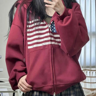 Street Style American Flag Basic Zip-Up Hoodie