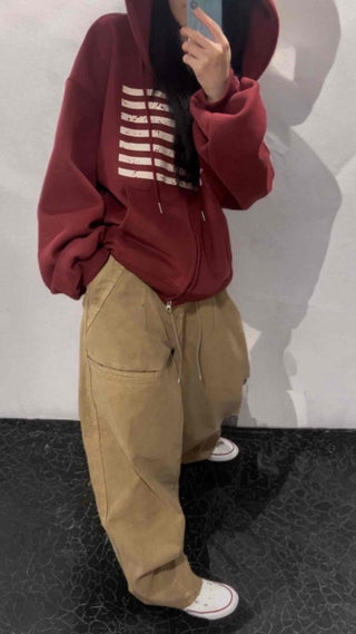 Street Style American Flag Basic Zip-Up Hoodie