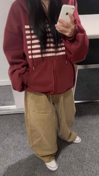 Street Style American Flag Basic Zip-Up Hoodie