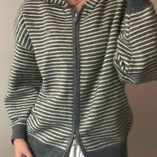 Effortless Chic Striped Zip-Up Knit Hoodie