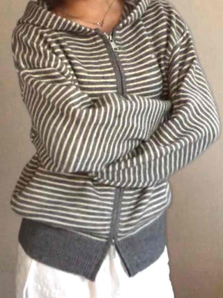 Effortless Chic Striped Zip-Up Knit Hoodie