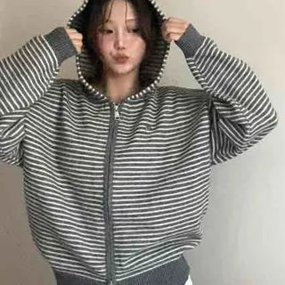 Effortless Chic Striped Zip-Up Knit Hoodie