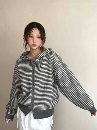 Effortless Chic Striped Zip-Up Knit Hoodie