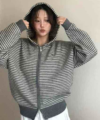 Effortless Chic Striped Zip-Up Knit Hoodie