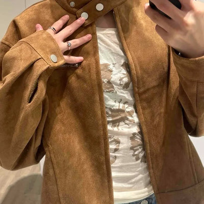 Comfortable Suede Solid Mandarin Collar Jacket