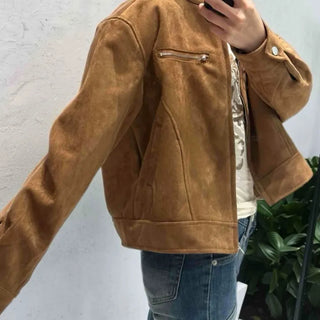 Comfortable Suede Solid Mandarin Collar Jacket