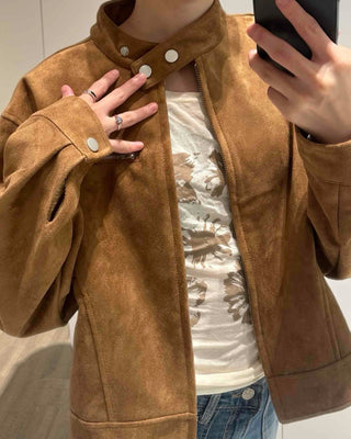 Comfortable Suede Solid Mandarin Collar Jacket