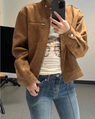 Comfortable Suede Solid Mandarin Collar Jacket