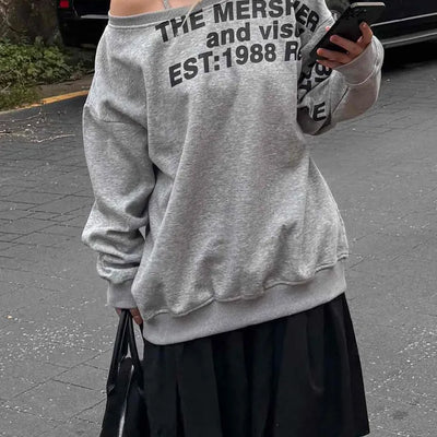 Comfort Asymmetrical Lettering Off-Shoulder Sweatshirt