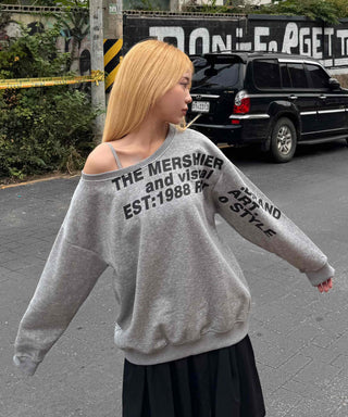 Comfort Asymmetrical Lettering Off-Shoulder Sweatshirt