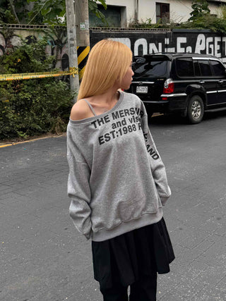 Comfort Asymmetrical Lettering Off-Shoulder Sweatshirt