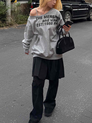 Comfort Asymmetrical Lettering Off-Shoulder Sweatshirt