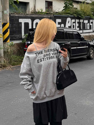 Comfort Asymmetrical Lettering Off-Shoulder Sweatshirt