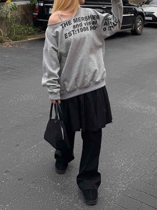 Comfort Asymmetrical Lettering Off-Shoulder Sweatshirt