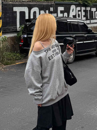 Comfort Asymmetrical Lettering Off-Shoulder Sweatshirt