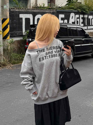 Comfort Asymmetrical Lettering Off-Shoulder Sweatshirt