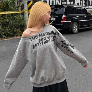 Comfort Asymmetrical Lettering Off-Shoulder Sweatshirt