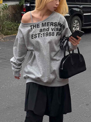 Comfort Asymmetrical Lettering Off-Shoulder Sweatshirt