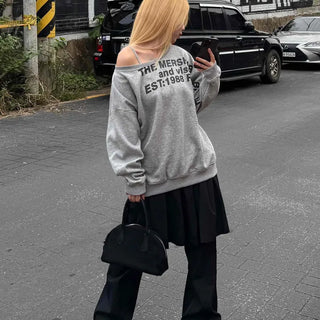 Comfort Asymmetrical Lettering Off-Shoulder Sweatshirt