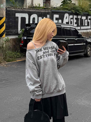 Comfort Asymmetrical Lettering Off-Shoulder Sweatshirt