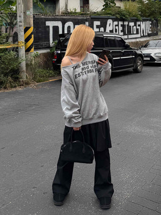 Comfort Asymmetrical Lettering Off-Shoulder Sweatshirt
