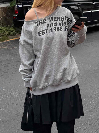 Comfort Asymmetrical Lettering Off-Shoulder Sweatshirt