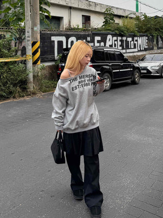 Comfort Asymmetrical Lettering Off-Shoulder Sweatshirt