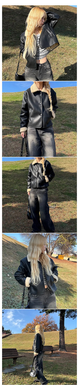 Sandy Crop Fur Shearling Jacket Winter Outerwear Fur Jacket Daily Look