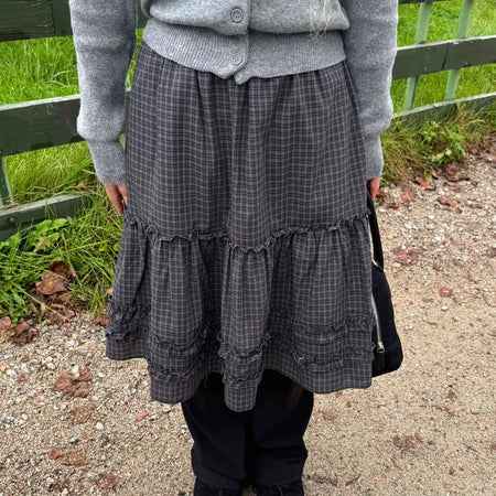 Natural check frill midi skirt