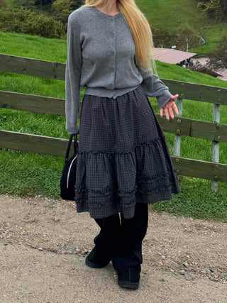 Natural check frill midi skirt