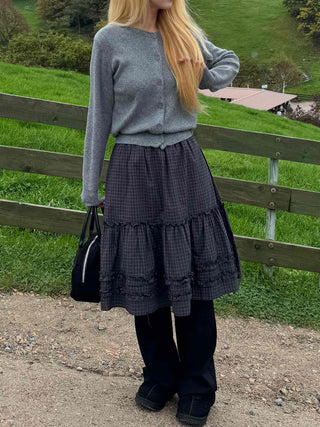 Natural check frill midi skirt