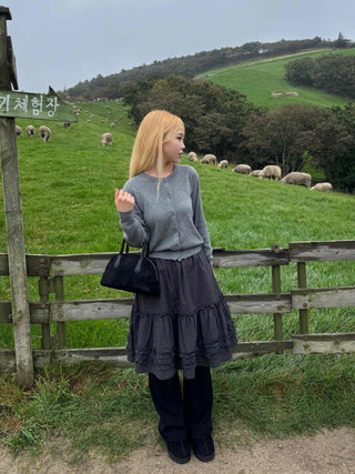 Natural check frill midi skirt