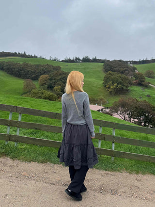 Natural check frill midi skirt