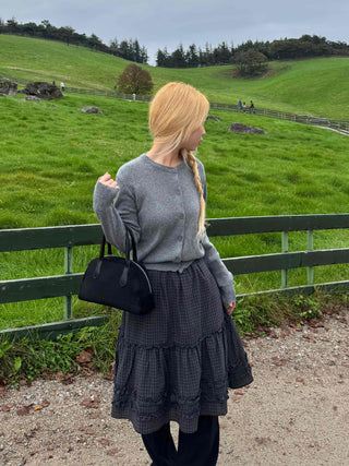 Natural check frill midi skirt