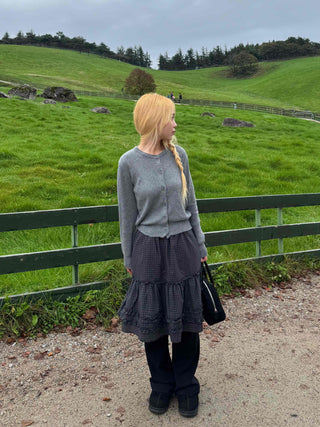 Natural check frill midi skirt