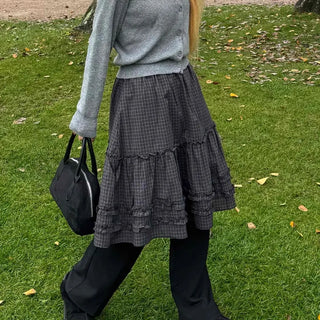 Natural check frill midi skirt