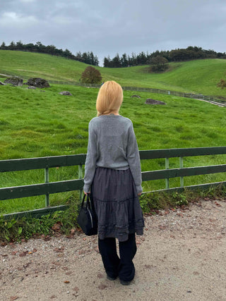 Natural check frill midi skirt