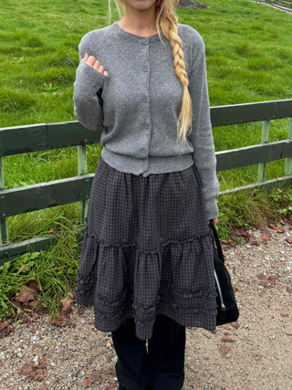 Natural check frill midi skirt