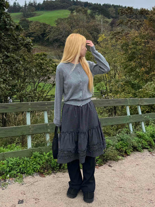 Natural check frill midi skirt