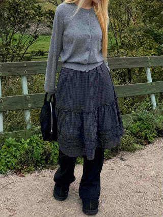 Natural check frill midi skirt