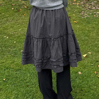 Natural check frill midi skirt
