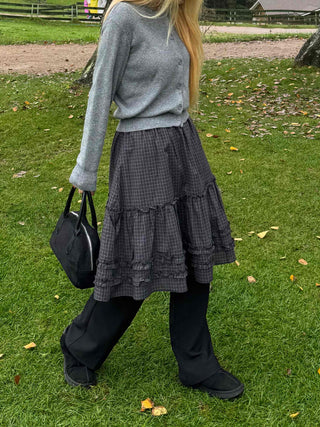 Natural check frill midi skirt