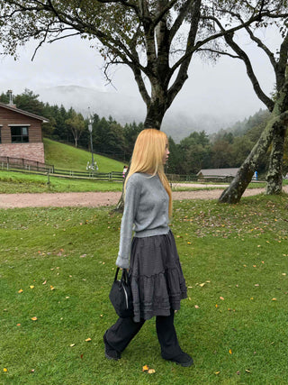 Natural check frill midi skirt