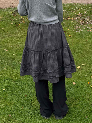Natural check frill midi skirt