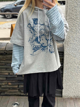 Character Color Block Striped Sleeve Hoodie