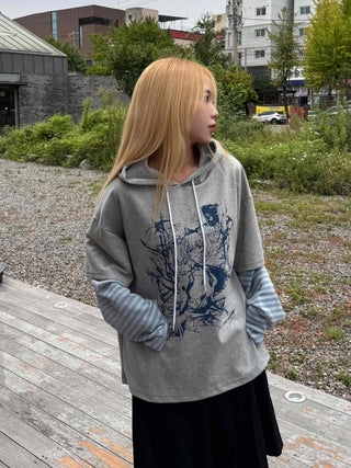 Character Color Block Striped Sleeve Hoodie